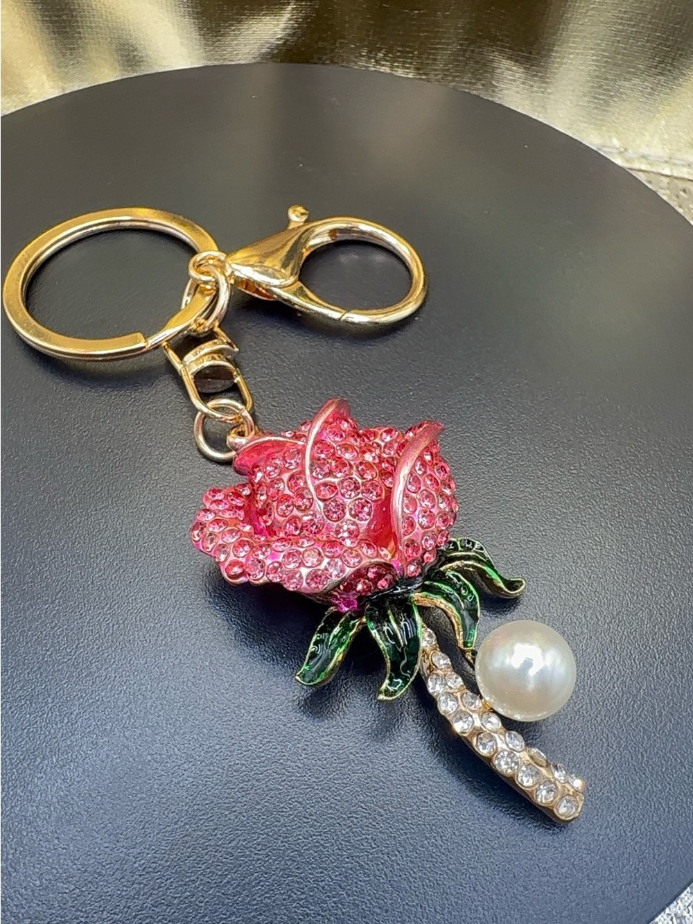 Gold-Tone Pink Crystal Rose Keychain with Pearl Accent